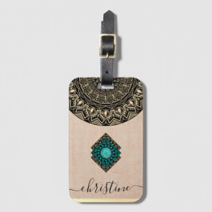 Etiqueta De Bagagem Beige burlap black gold mandala nome do script chi