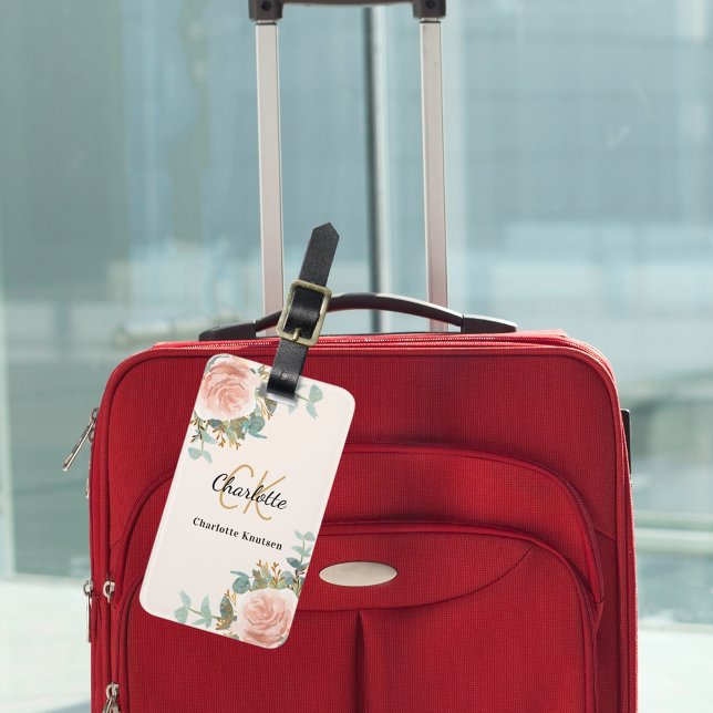 Etiqueta De Bagagem Belo rosa floral monograma elegante (Criador carregado)