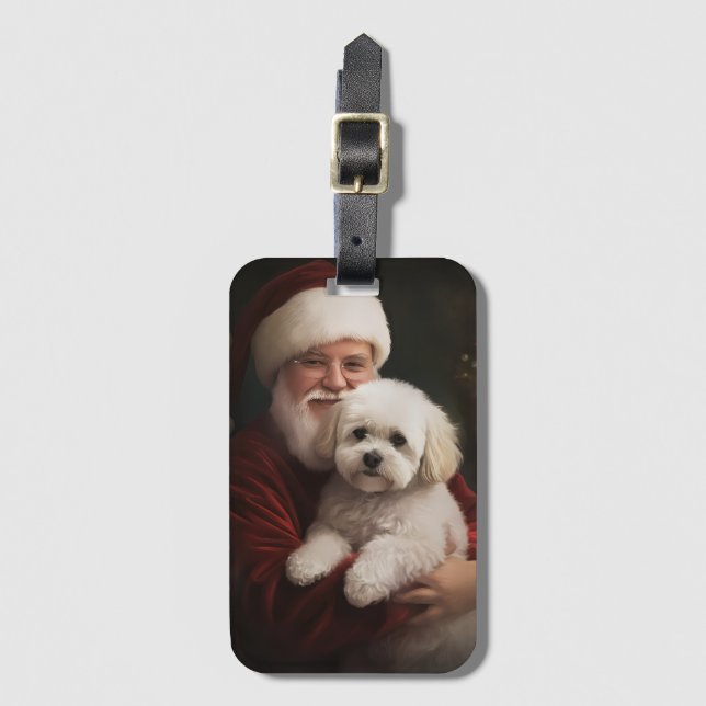 Etiqueta De Bagagem Bichon Frise com Papai Noel Natal Festivo (Frente Vertical)