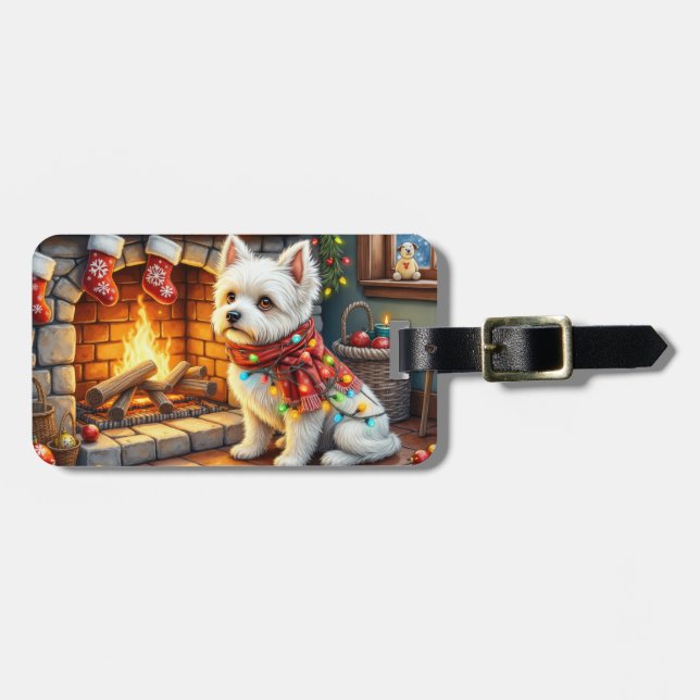 Etiqueta De Bagagem Bichon Frise Fireplace with Christmas Lights (Frente Horizontal)