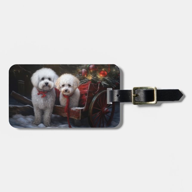 Etiqueta De Bagagem Bichon Frise Snowy Sleigh Decoração de Natal (Frente Horizontal)