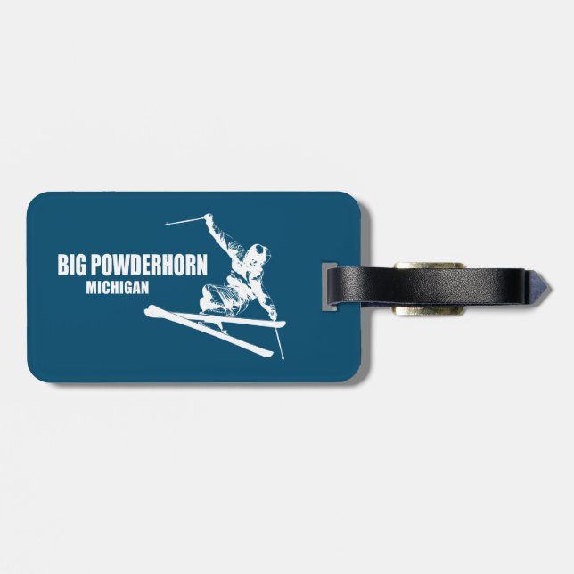 Etiqueta De Bagagem Big Powderhorn Mountain Michigan Skier (Traseira Horizontal)