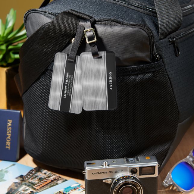 Etiqueta De Bagagem Black and Silver Metal (Frente e verso)