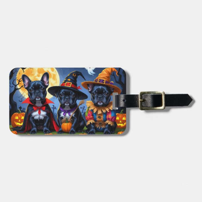 Etiqueta De Bagagem Black French Buldog Pumpkin Halloween Engraçado (Frente Horizontal)