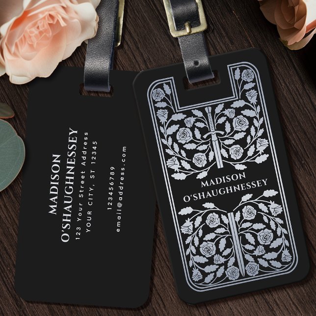 Etiqueta De Bagagem Black Medieval Fantasy Silver Name (Criador carregado)