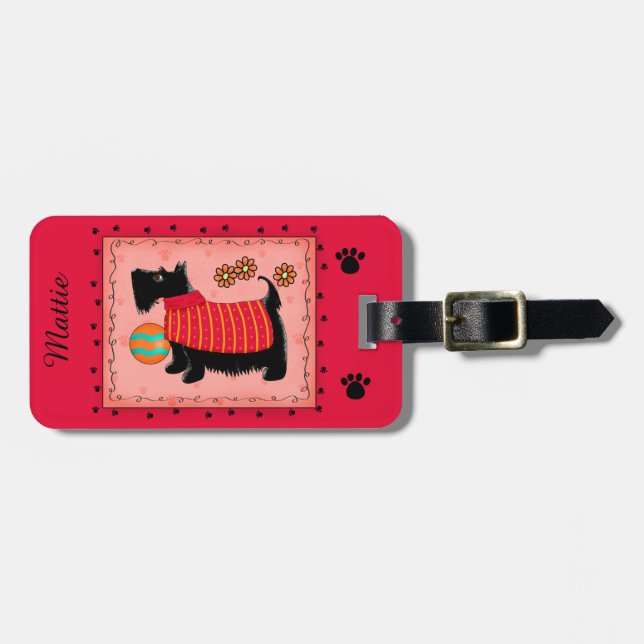 Etiqueta De Bagagem Black Scottie Terrier Dog Name Personalizado Red (Frente Horizontal)