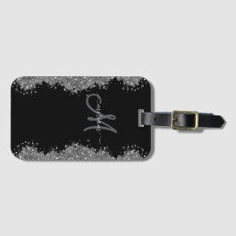 Etiqueta De Bagagem Black Silver Faux Glitter Grey Modern Monogram