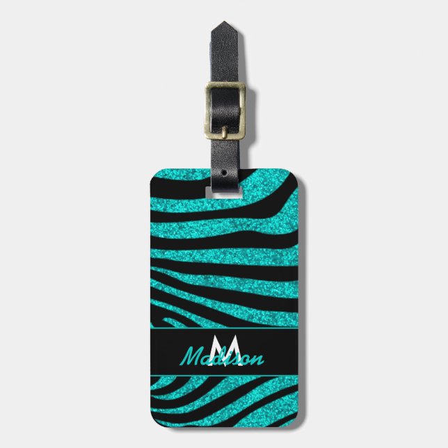 Etiqueta De Bagagem Black Zebra Stripes Nome Glitter (Frente Vertical)