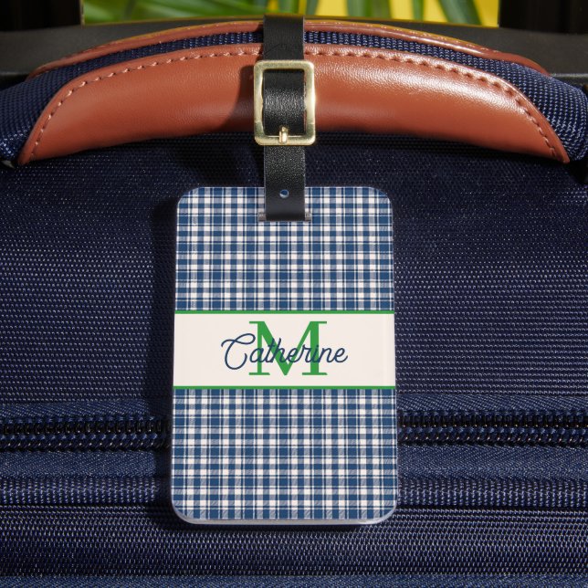 Etiqueta De Bagagem Blue and Green Gingham Plaid Tartan Monogram (Frente Insitu 2)