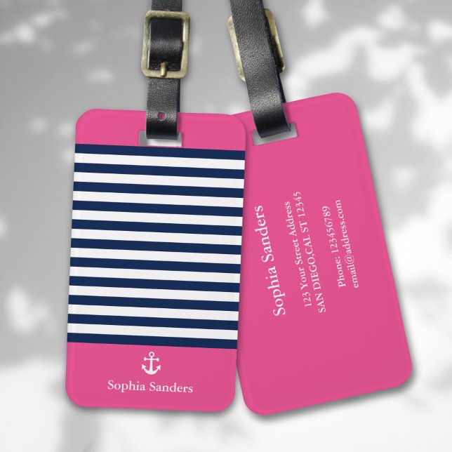 Etiqueta De Bagagem Blue and Pink Striped Nautical Pattern (Criador carregado)