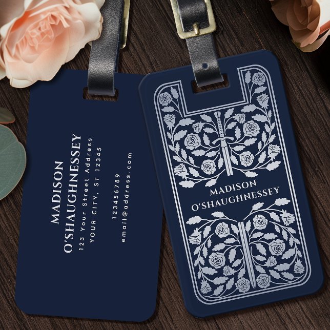 Etiqueta De Bagagem Blue Medieval Fantasy Silver Name (Criador carregado)