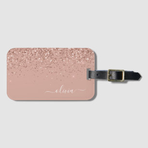 Etiqueta De Bagagem Blush Rosa Dourado Glitter Monograma Feminina