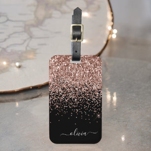 Etiqueta De Bagagem Blush Rosa Dourado Rosa Preto Monograma Brilhante 