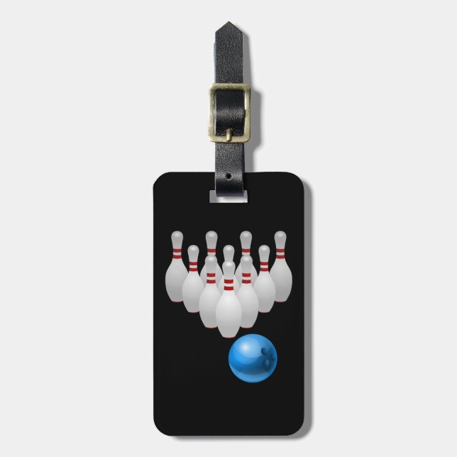 Etiqueta De Bagagem Bola de boliche animado e pinos (Frente Vertical)