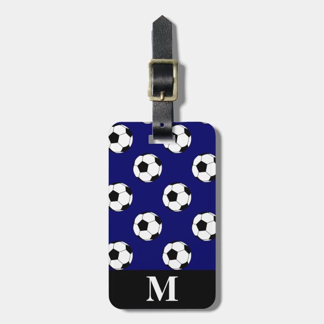 Etiqueta De Bagagem Bolas de futebol branco monograma, Marinho azul (Frente Vertical)