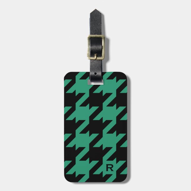 Etiqueta De Bagagem Bold emerald houndstooth moderno com monograma (Frente Vertical)