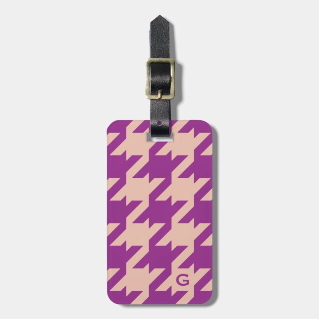 Etiqueta De Bagagem Bold houndstooth roxo moderno com monograma (Frente Vertical)