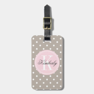 Etiqueta De Bagagem Bolinhas do Taupe com monograma cor-de-rosa