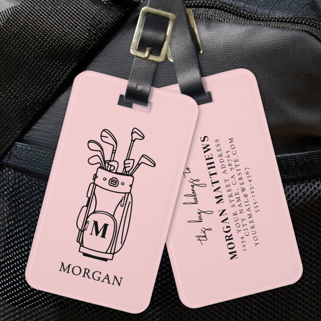 Etiqueta De Bagagem Bolsa de Golfe de Monograma Rosa (Pink Monogram Golf Bag Luggage Tag)