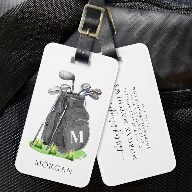 Etiqueta De Bagagem Bolsa de Golfe Preta Monogramada (Monogram Black Golf Bag Luggage Tag)