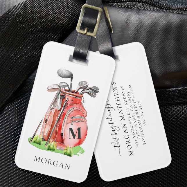 Etiqueta De Bagagem Bolsa de Golfe Vermelha Monogramada (Monogram Red Golf Bag Luggage Tag)
