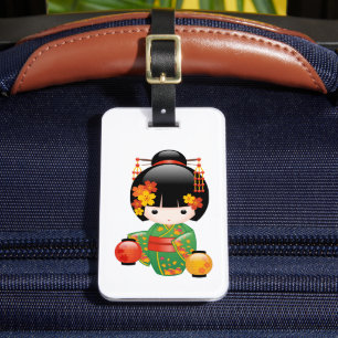 Etiqueta De Bagagem Boneca Kokeshi Outono - Garota Geisha Quimono Verd