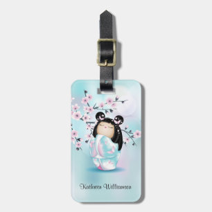 Etiqueta De Bagagem Boneca Kokeshi Tcherry Blossoms Turquesa Rosa