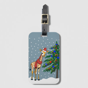 Etiqueta De Bagagem Bonita Girafa Beanie e Scarf com árvore de Natal