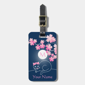 Etiqueta De Bagagem Bonito Gato Cerejeiro Brilhante Lua Rosa Sakura Az