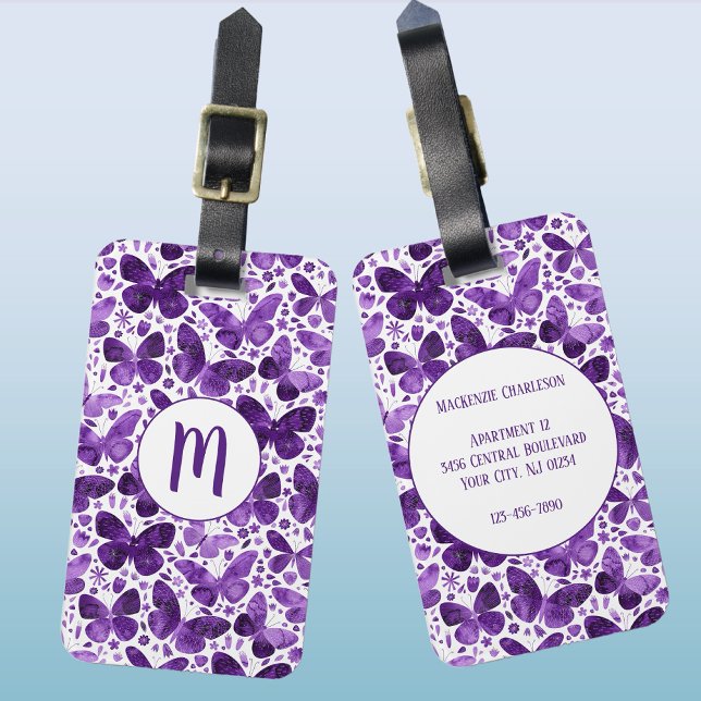 Etiqueta De Bagagem Borboleta Aquarela Monograma Puro (Purple butterfly pattern personalized monogram initial luggage tag)