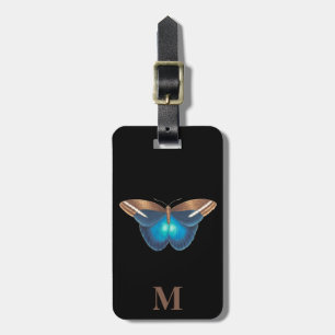 Etiqueta De Bagagem Borboleta azul bege Viagens vintage monograma