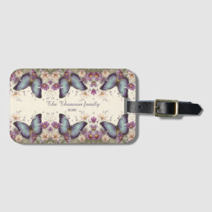 Etiqueta De Bagagem Borboleta Azul Vintage e Floral para Família