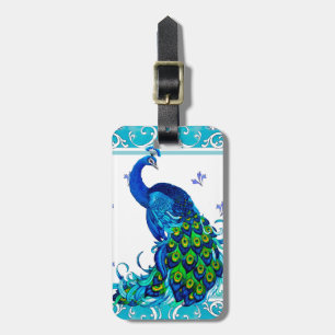Etiqueta De Bagagem Borda de espiral azul e Design de Peacock
