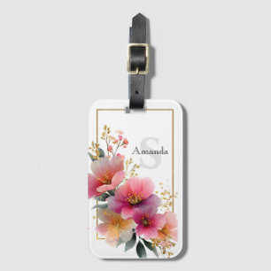 Etiqueta De Bagagem Borda Floral Cor de Água Elegante Rosa com Dourado
