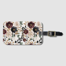 Etiqueta De Bagagem Bordô Creme Floral Preto