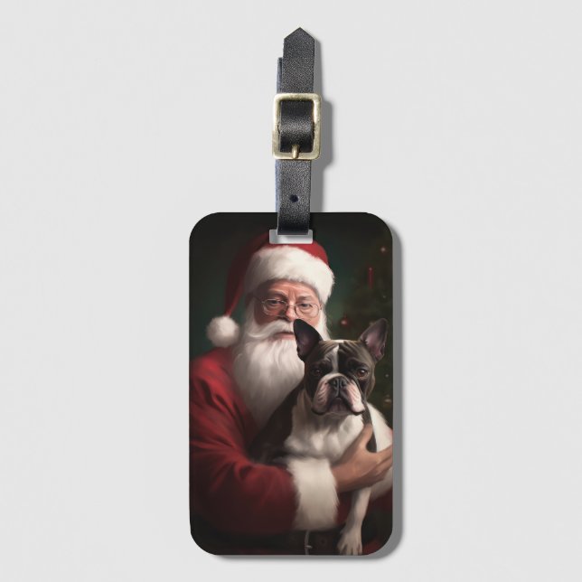 Etiqueta De Bagagem Boston Terrier com Papai Noel Natal Festivo (Frente Vertical)