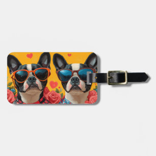 Etiqueta De Bagagem Boston Terrier Com Rosas do Coração Dia dos Namora