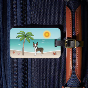 Etiqueta De Bagagem Boston Terrier Listrado Em Uma Praia Tropical De V