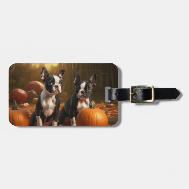 Etiqueta De Bagagem Boston Terrier Puppy Autumn Delight Pumpkin (Frente Horizontal)
