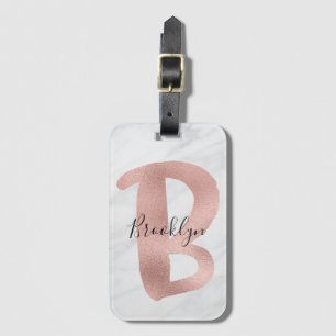 Etiqueta De Bagagem Branco Chic e Cinza Marble Rosa Dourada B Monogram