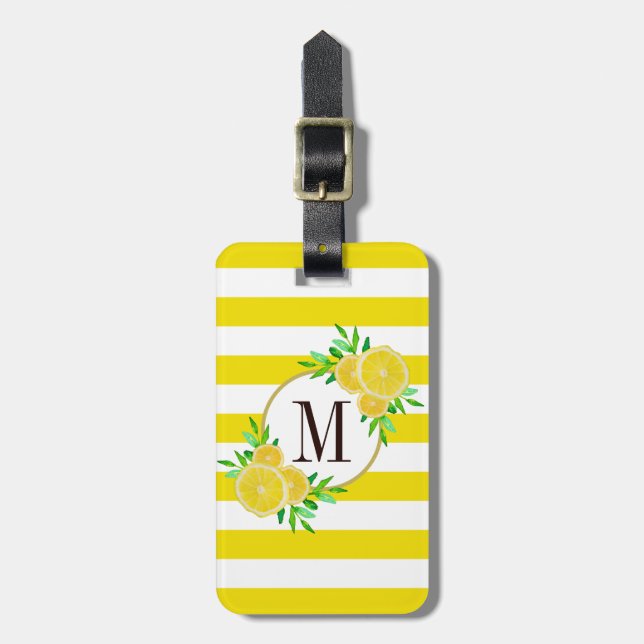 Etiqueta De Bagagem Bright Yellow Stripes Lemon Citrus Monogramas (Frente Vertical)