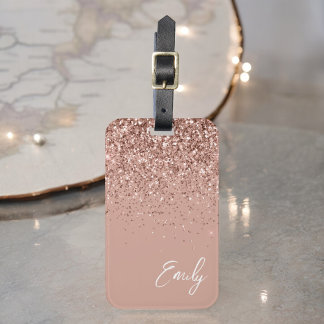 Etiqueta De Bagagem Brilho Cor-de-Rosa Dourado Rosado Monograma