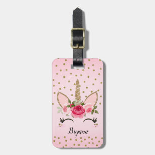 Etiqueta De Bagagem Brilho Dourado & Unicórnio Floral Rosa Fashion Div