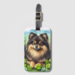 Etiqueta De Bagagem Brindle Pomeranian Watercolor Clover Shamrock