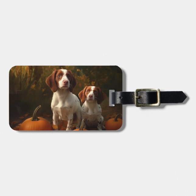 Etiqueta De Bagagem Brittany Spaniel Puppy Autumn Delight Pumpkin (Frente Horizontal)