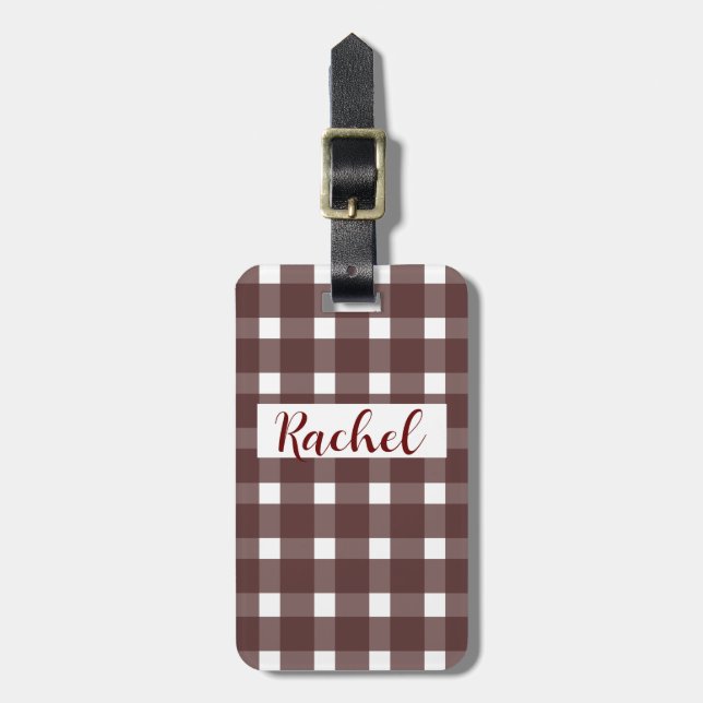 Etiqueta De Bagagem Brown White Gingham Personalizado (Frente Vertical)