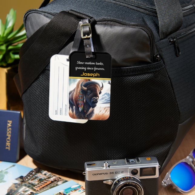 Etiqueta De Bagagem Búfalos Pastando no Vale da Montanha (Frente e Verso)