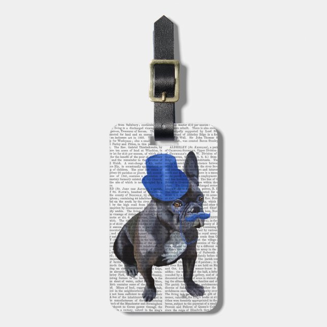 Etiqueta De Bagagem Buldogue francês com chapéu azul e bigode (Frente Vertical)