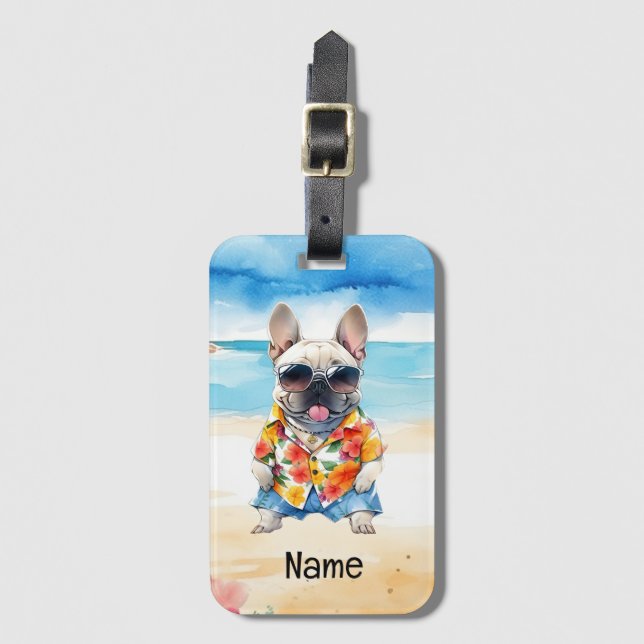 Etiqueta De Bagagem Bulldog Francês na praia (Frente Vertical)
