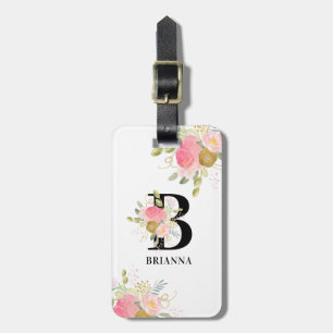 Etiqueta De Bagagem Buquê de Letras Florais Monograma Rosa e Dourado